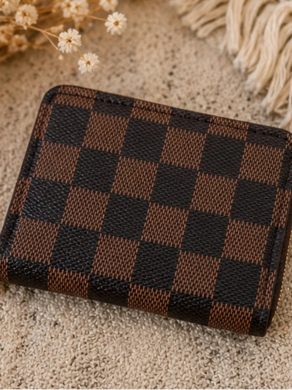Brown Checkered Zip Wallet | Compact Card Holder|Designer Inspired